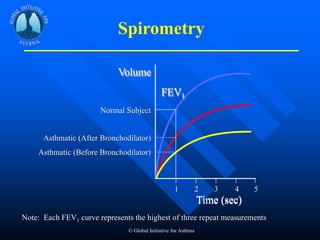 1
Time (sec)
2 3 4 5
FEV1
Volume
Normal Subject
Asthmatic (After Bronchodilator)
Asthmatic (Before Bronchodilator)
Note: Each FEV1 curve represents the highest of three repeat measurements
© Global Initiative for Asthma
Spirometry
 