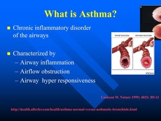 What is Asthma?
 Chronic inflammatory disorder
of the airways
 Characterized by
– Airway inflammation
– Airflow obstruction
– Airway hyper responsiveness
http://health.allrefer.com/health/asthma-normal-versus-asthmatic-bronchiole.html
Cookson W. Nature 1999; 402S: B5-11
 