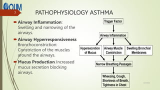 PATHOPHYSIOLOGY ASTHMA
Airway Inflammation:
Swelling and narrowing of the
airways.
Airway Hyperresponsiveness
Bronchoconstriction:
Constriction of the muscles
around the airways.
Mucus Production: Increased
mucus secretion blocking
airways.
12/7/2024
7
 