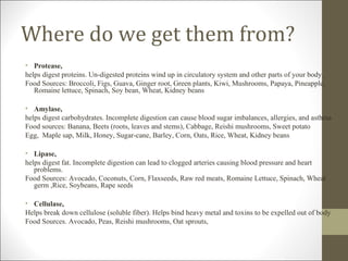 Where do we get them from?
• Protease,
helps digest proteins. Un-digested proteins wind up in circulatory system and other parts of your body.
Food Sources: Broccoli, Figs, Guava, Ginger root, Green plants, Kiwi, Mushrooms, Papaya, Pineapple,
   Romaine lettuce, Spinach, Soy bean, Wheat, Kidney beans

• Amylase,
helps digest carbohydrates. Incomplete digestion can cause blood sugar imbalances, allergies, and asthma
Food sources: Banana, Beets (roots, leaves and stems), Cabbage, Reishi mushrooms, Sweet potato
Egg, Maple sap, Milk, Honey, Sugar-cane, Barley, Corn, Oats, Rice, Wheat, Kidney beans

• Lipase,
helps digest fat. Incomplete digestion can lead to clogged arteries causing blood pressure and heart
   problems.
Food Sources: Avocado, Coconuts, Corn, Flaxseeds, Raw red meats, Romaine Lettuce, Spinach, Wheat
   germ ,Rice, Soybeans, Rape seeds

• Cellulase,
Helps break down cellulose (soluble fiber). Helps bind heavy metal and toxins to be expelled out of body
Food Sources. Avocado, Peas, Reishi mushrooms, Oat sprouts,
 