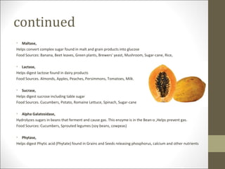continued
•  Maltase,
Helps convert complex sugar found in malt and grain products into glucose
Food Sources: Banana, Beet leaves, Green plants, Brewers' yeast, Mushroom, Sugar-cane, Rice,

•  Lactase,
Helps digest lactose found in dairy products
Food Sources. Almonds, Apples, Peaches, Persimmons, Tomatoes, Milk.

•  Sucrase,
Helps digest sucrose including table sugar
Food Sources. Cucumbers, Potato, Romaine Lettuce, Spinach, Sugar-cane

•  Alpha Galatosidase,
Hydrolyzes sugars in beans that ferment and cause gas. This enzyme is in the Bean-o ,Helps prevent gas.
Food Sources: Cucumbers, Sprouted legumes (soy beans, cowpeas)

•  Phytase,
Helps digest Phytic acid (Phytate) found in Grains and Seeds releasing phosphorus, calcium and other nutrients
 