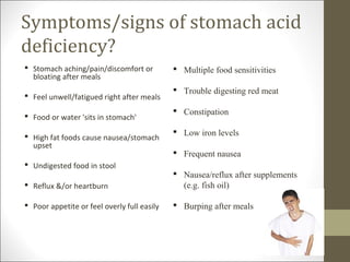 Symptoms/signs of stomach acid
deficiency?
 Stomach aching/pain/discomfort or           Multiple food sensitivities
  bloating after meals
                                              Trouble digesting red meat
 Feel unwell/fatigued right after meals
                                              Constipation
 Food or water 'sits in stomach'
                                              Low iron levels
 High fat foods cause nausea/stomach
  upset
                                              Frequent nausea
 Undigested food in stool
                                              Nausea/reflux after supplements
 Reflux &/or heartburn                        (e.g. fish oil)

 Poor appetite or feel overly full easily    Burping after meals
 