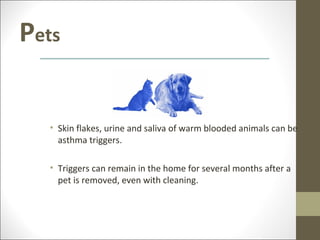 Pets


  • Skin flakes, urine and saliva of warm blooded animals can be
    asthma triggers.

  • Triggers can remain in the home for several months after a
    pet is removed, even with cleaning.
 
