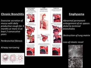 Emphysema
Abnormal permanent
enlargement of air spaces
distal to terminal
bronchioles
Destruction of lung matrix
Loss of elastic recoil
Chronic Bronchitis
Excessive secretion of
mucus with daily
productive cough for 3
months or more in at
least 2 consecutive
years
Peribronchiol fibrosis
Airway narrowing
 