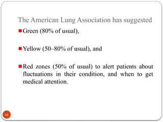 The American Lung Association has suggested
Green (80% of usual),
Yellow (50–80% of usual), and
Red zones (50% of usual) to alert patients about
fluctuations in their condition, and when to get
medical attention.
14
 
