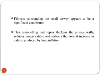 Fibrosis surrounding the small airway appears to be a
significant contributor.
This remodelling and repair thickens the airway walls,
reduces lumen calibre and restricts the normal increase in
calibre produced by lung inflation.
31
 