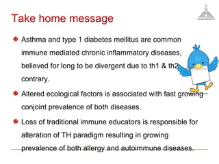 Take home message
Asthma and type 1 diabetes mellitus are common
immune mediated chronic inflammatory diseases,
believed for long to be divergent due to th1 & th2
contrary.
Altered ecological factors is associated with fast growing
conjoint prevalence of both diseases.
Loss of traditional immune educators is responsible for
alteration of TH paradigm resulting in growing
prevalence of both allergy and autoimmune diseases.
 