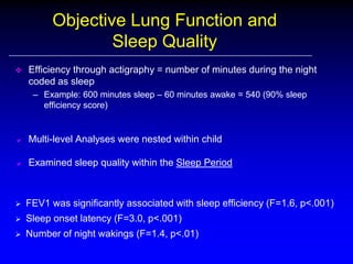 Objective Lung Function and
Sleep Quality


Efficiency through actigraphy = number of minutes during the night
coded as sleep
– Example: 600 minutes sleep – 60 minutes awake = 540 (90% sleep
efficiency score)



Multi-level Analyses were nested within child



Examined sleep quality within the Sleep Period



FEV1 was significantly associated with sleep efficiency (F=1.6, p<.001)



Sleep onset latency (F=3.0, p<.001)



Number of night wakings (F=1.4, p<.01)

 