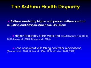 The Asthma Health Disparity
● Asthma morbidity higher and poorer asthma control
in Latino and African-American Children:
● Higher frequency of ER visits and hospitalizations (US DHHS,
2009; Lara et al., 2009; Ortega et al., 2009)

● Less consistent with taking controller medications
(Bauman et al., 2002; Butz et al., 2004; McQuaid et al., 2009; 2012)

 