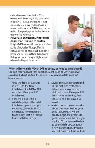 25
	 calendar or on the device. This
works well for many daily controller
medicine. Rescue medicine is not
normally used every day. Make a
mark on the rescue MDI’s box, or on
a slip of paper kept with the device
every time you use it.
•	 Never use an MDI or DPI for more
doses than it is said to contain.
Empty MDIs may still produce visible
puffs of powder. That puff may
contain little or no actual medicine,
however. Be safe rather than sorry.
Being sorry can carry a high price
when dealing with asthma.
When will my child’s MDI or DPI be empty or need to be replaced?
You can easily answer that question. Most MDIs or DPIs now have
counters, but not all. Use these steps if your MDI or DPI does not
have a counter.
1.	 Read the label or package
insert. Find the total
inhalations the MDI or DPI
contains. (Example: 120
inhalations)
2.	 If the medicine will be
used daily, figure the total
inhalations you are to give
each day. (Example: If your
child takes two inhalations
twice a day, that is a total of
four inhalations a day.)
3.	 Divide the number you found
in the first step by the total
inhalations you give your
child each day. (Example: 120
inhalations divided by four
inhalations a day equals 30
days)
4.	 Make a note on your calendar
about one week before your
child’s MDI or DPI will be
empty. Begin the process to
get a new one on the date you
marked. You may need to talk
to your child’s doctor about
a new prescription. If you do,
you will have the time to do so.
 