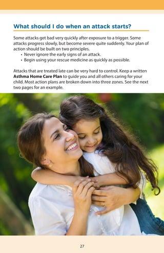 27
What should I do when an attack starts?
Some attacks get bad very quickly after exposure to a trigger. Some
attacks progress slowly, but become severe quite suddenly. Your plan of
action should be built on two principles.
	 •  Never ignore the early signs of an attack.
	 •  Begin using your rescue medicine as quickly as possible.
Attacks that are treated late can be very hard to control. Keep a written
Asthma Home Care Plan to guide you and all others caring for your
child. Most action plans are broken down into three zones. See the next
two pages for an example.
 