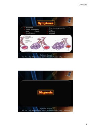 7/19/2012




    Hypoxemia                                Hypersecretion production
    Airway Inflammation                      Cough
     Acute        Chronic                     Wheezing
    Bronchospasm                             Dyspnoea




                               By Jitendra Bhangale
Asst. Prof. Dept of Pharmacology, Delmar, Cengage Learning Pharmacy College, Ahmedabad7
                            © 2010 Smt N. M. Padalia




                               By Jitendra Bhangale
Asst. Prof. Dept of Pharmacology, Delmar, Cengage Learning Pharmacy College, Ahmedabad8
                            © 2010 Smt N. M. Padalia




                                                                                                 4
 