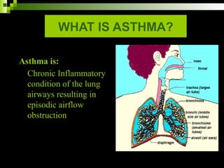 WHAT IS ASTHMA?
Asthma is:
Chronic Inflammatory
condition of the lung
airways resulting in
episodic airflow
obstruction
 