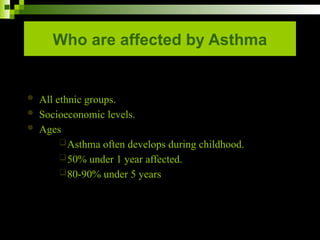 Who are affected by Asthma
 All ethnic groups.
 Socioeconomic levels.
 Ages
Asthma often develops during childhood.
50% under 1 year affected.
80-90% under 5 years
 