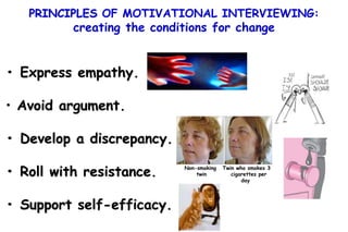 PRINCIPLES OF MOTIVATIONAL INTERVIEWING:
creating the conditions for change
• Express empathy.
• Avoid argument.
• Develop...