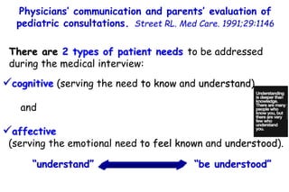 There are 2 types of patient needs to be addressed
during the medical interview:
Physicians’ communication and parents’ ev...