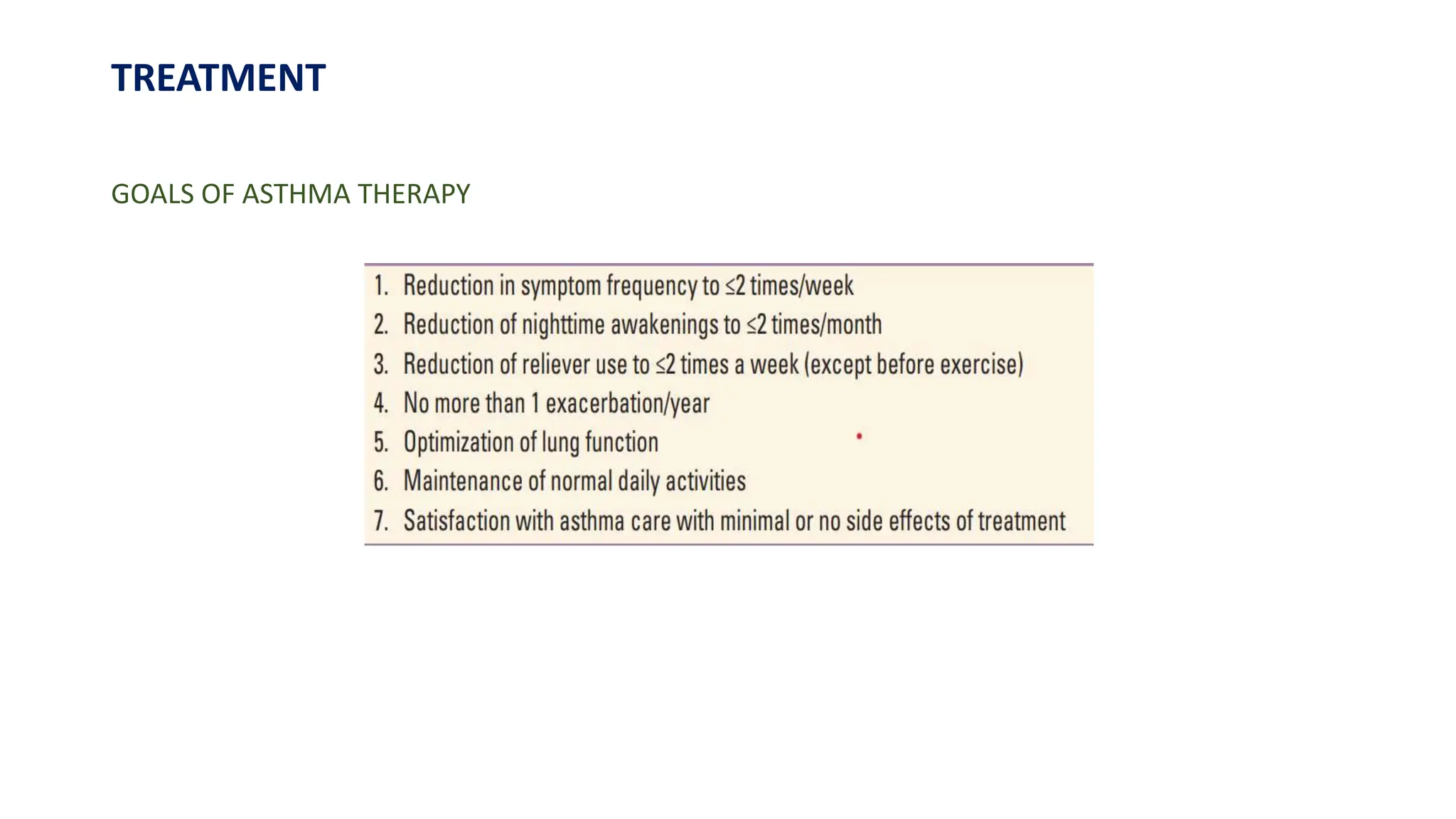 TREATMENT
GOALS OF ASTHMA THERAPY
 