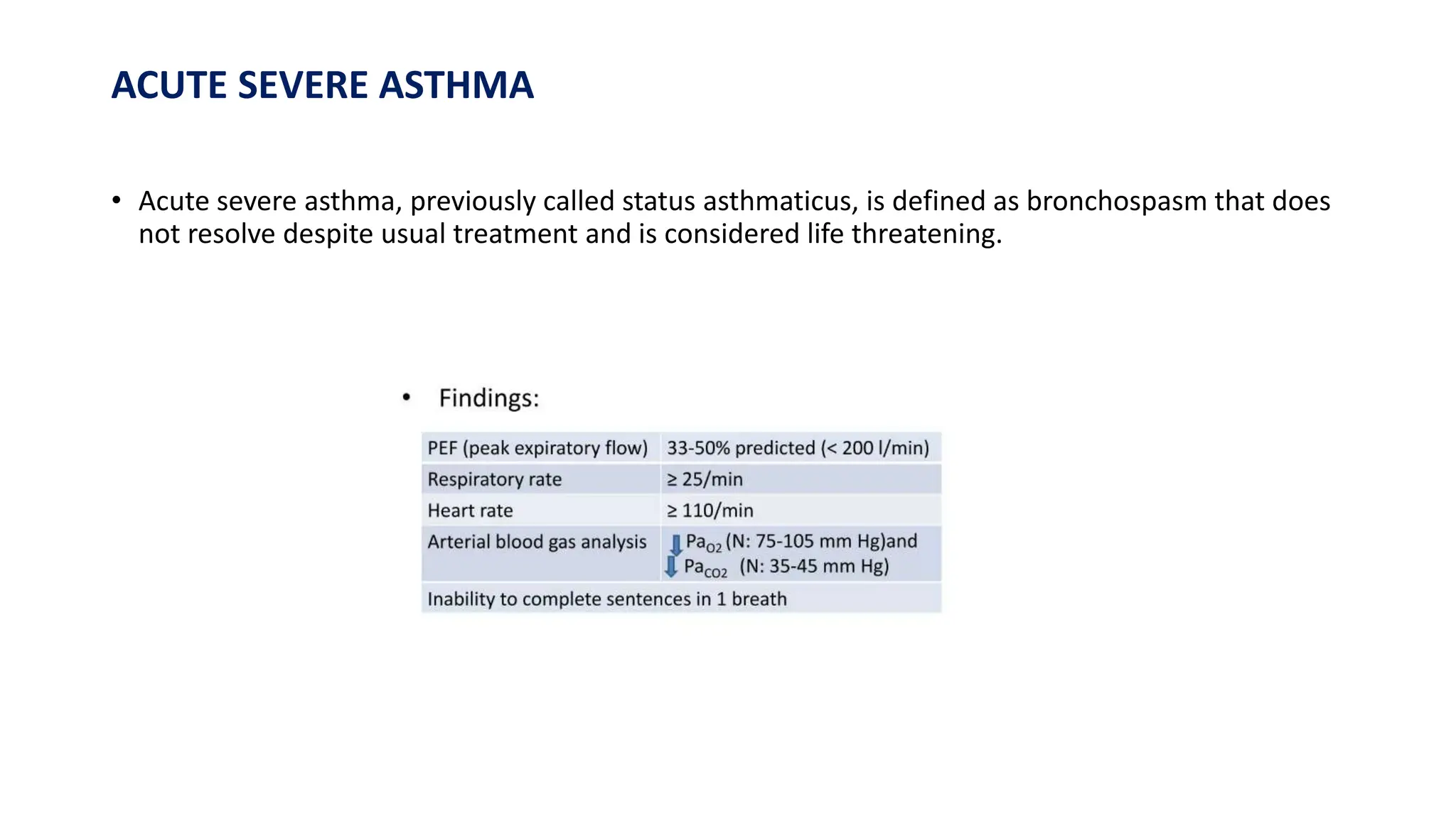 ACUTE SEVERE ASTHMA
• Acute severe asthma, previously called status asthmaticus, is defined as bronchospasm that does
not resolve despite usual treatment and is considered life threatening.
 