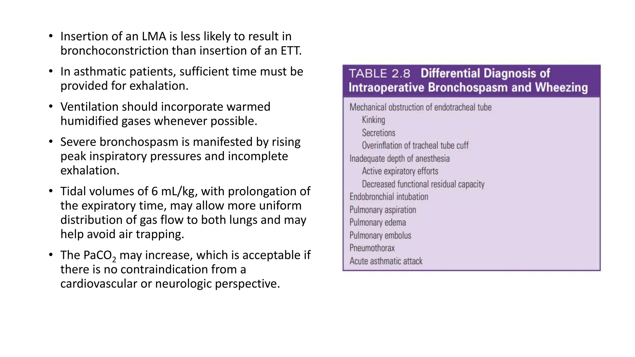 • Insertion of an LMA is less likely to result in
bronchoconstriction than insertion of an ETT.
• In asthmatic patients, sufficient time must be
provided for exhalation.
• Ventilation should incorporate warmed
humidified gases whenever possible.
• Severe bronchospasm is manifested by rising
peak inspiratory pressures and incomplete
exhalation.
• Tidal volumes of 6 mL/kg, with prolongation of
the expiratory time, may allow more uniform
distribution of gas flow to both lungs and may
help avoid air trapping.
• The PaCO2 may increase, which is acceptable if
there is no contraindication from a
cardiovascular or neurologic perspective.
 