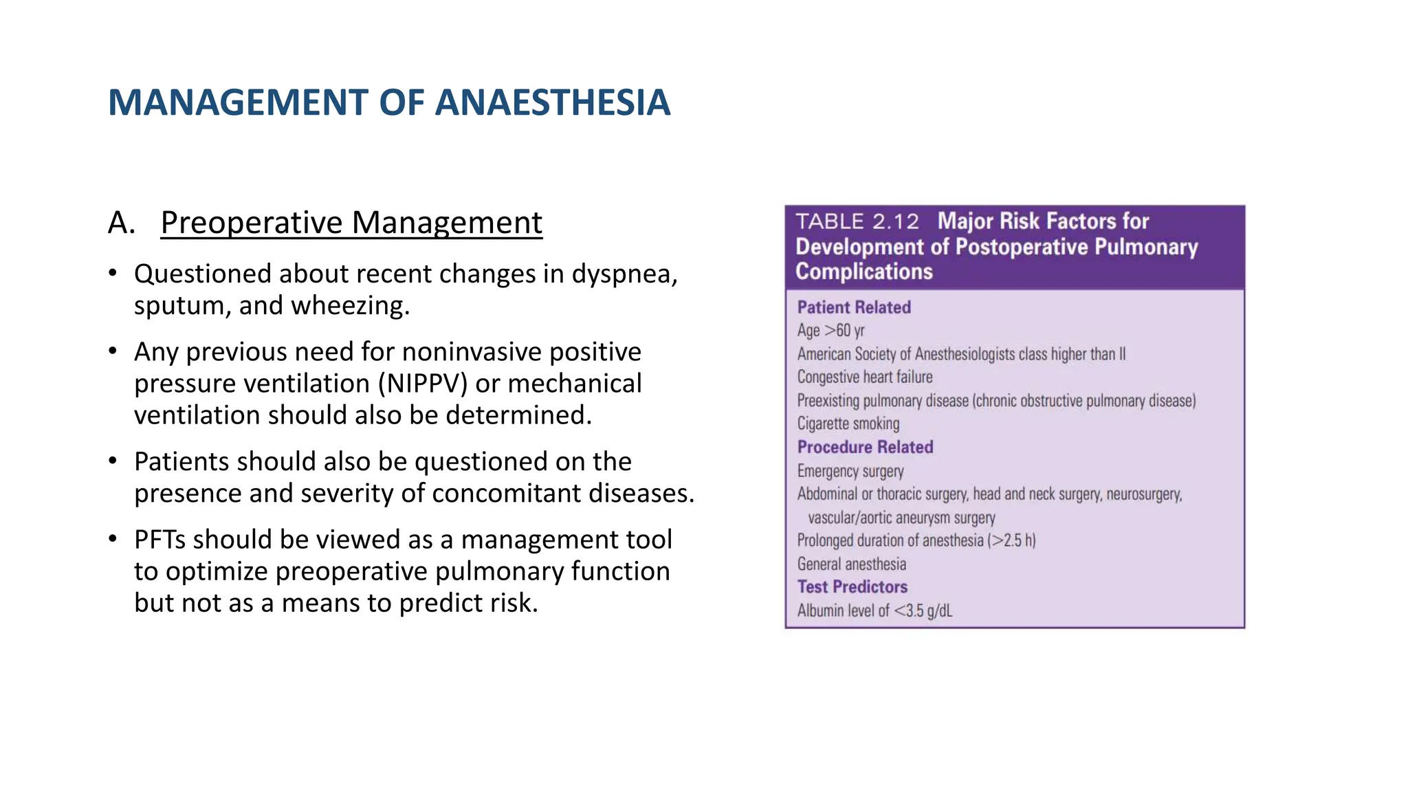 MANAGEMENT OF ANAESTHESIA
A. Preoperative Management
• Questioned about recent changes in dyspnea,
sputum, and wheezing.
• Any previous need for noninvasive positive
pressure ventilation (NIPPV) or mechanical
ventilation should also be determined.
• Patients should also be questioned on the
presence and severity of concomitant diseases.
• PFTs should be viewed as a management tool
to optimize preoperative pulmonary function
but not as a means to predict risk.
 