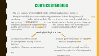 CORTICOSTEROIDS
The tow example are Glucocorticoids, so there mechanism of action is:
Drug is carried by Glucocorticoid binding protein then diffuse through the cell
membrane bind to its intracellular Glucocorticoid receptor complex witch bind to
tow proteins “HSP70-HSP90” receptor is activated and the tow proteins dissociate
to form Glucocorticoid-receptor complex this complex diffuse into the nucleus and
bind to Glucocorticoid response element complex is activated and alert gene
transcription.
result physiological actions
Decrease in gene transcription Increase gene transcription for lipocortin
for some proteins leading to down decrease phospholipase A2
decrease
regulation of cyclooxygenase enzyme. Arachidonic acid from cell membrane
decrease the production of prostaglandins
and
 