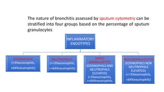INFLAMMATORY
ENDOTYPES
EOSINOPHILIC
(>3%eosinophils,
<64%neutrophils)
NEUTROPHILIC
(<=3%eosinophils,
>=64%neutrophils)
MIXED
GRANULOCYTIC
(EOSINOPHILS AND
NEUTROPHILS
ELEVATED)
(>3%eosinophils,
>=64%neutrophils)
PAUCIGRANULOCYTIC
(EOSINOPHILS NOR
NEUTROPHILS
ELEVATED)
(<=3%eosinophils,
<64%neutrophils)
The nature of bronchitis assessed by sputum cytometry can be
stratified into four groups based on the percentage of sputum
granulocytes
 