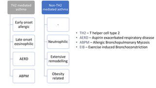 TH2 mediated
asthma
Early onset
allergic
Late onset
eosinophilic
AERD
ABPM
Non-TH2
mediated asthma
-
Neutrophilic
Extensive
remodelling
Obesity
related
• TH2 – T helper cell type 2
• AERD – Aspirin exacerbated respiratory disease
• ABPM – Allergic Bronchopulmonary Mycosis
• EIB – Exercise induced Bronchoconstriction
 