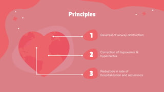 Principles
Reversal of airway obstruction
Correction of hypoxemia &
hypercarbia
Reduction in rate of
hospitalization and recurrence
1
2
3
 