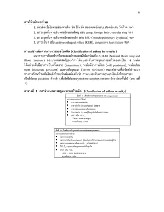 6
การวินิจฉัยแยกโรค
1. การติดเชื้อในทางเดินหายใจ เช่น ไข้หวัด หลอดลมอักเสบ ปอดอักเสบ วัณโรค ฯลฯ
2. ภาวะอุดกั้นทางเดินหายใจขนาดใหญ่ เช่น croup, foreign body, vascular ring ฯลฯ
3. ภาวะอุดกั้นทางเดินหายใจขนาดเล็ก เช่น BPD (bronchopulmonary dysplasia) ฯลฯ
3. ภาวะอื่นๆ เช่น gastroesophageal reflux (GER), congestive heart failure ฯลฯ
การแบ่งระดับความรุนแรงของโรคหืด (Classification of asthma by severity)
แนวทางการรักษาโรคหืดขององค์การอนามัยโลกร่วมกับ NHLBI (National Heart Lung and
Blood Institute) ของประเทศสหรัฐอเมริกา ได้แบ่งระดับความรุนแรงของโรคออกเป็น 4 ระดับ
ได้แก่ ระดับมีอาการเป็นครั้งคราว (intermittent), ระดับมีอาการน้อย (mild persistent), ระดับปาน
กลาง (moderate persistent) และระดับรุนแรง (severe persistent) คณะทํางานเพื่อจัดทําร่างแนว
ทางการรักษาโรคหืดในเด็กไทยเห็นพ้องต้องกันว่า การแบ่งระดับความรุนแรงในเด็กไทยควรจะ
เป็นไปตาม guideline ดังกล่าวเพื่อให้ได้มาตรฐานสากล และสะดวกต่อการรักษาโดยทั่วไป (ตารางที่
1)
ตารางที่ 1 การจําแนกความรุนแรงของโรคหืด (Classification of asthma severity)
ขั้นที่ 4 : โรคหืดระดับรุนแรงมาก (Severe persistent)
อาการแสดงก่อนการรักษา
• อาการหอบตลอดเวลา
• อาการกําเริบ (Exacerbation) บ่อยมาก
• อาการหอบตอนกลางคืนบ่อยมาก
• กิจกรรมต่าง ๆ ของผู้ป่วยถูกจํากัดด้วยอาการหอบ
• PEF หรือ FEV1
≤60% ของค่ามาตรฐาน
ความผันผวน > 30%
ขั้นที่ 3 : โรคหืดระดับรุนแรงปานกลาง(Moderate persistent)
อาการแสดงก่อนการรักษา
• อาการหอบทุกวัน
• อาการกําเริบ (Exacerbation) มีผลต่อการทํากิจกรรมและการนอนของผู้ป่วย
• อาการหอบตอนกลางคืนมากกว่า 1 ครั้งต่อสัปดาห์
• ใช้ β2- agonist ชนิดสูดออกฤทธิ์สั้นทุกวัน
• PEF หรือ FEV1
>60% - <80% ของค่ามาตรฐาน
ความผันผวน >30%
 