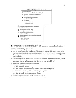 7
ขั้นที่ 2 : โรคหืดระดับรุนแรงน้อย (mild persistent)
อาการแสดงก่อนการรักษา
• อาการหอบมากกว่า 1 ครั้งต่อสัปดาห์ แต่ไม่ได้เป็นทุกวัน
• อาการกําเริบ (Exacerbation) อาจมีผลต่อการทํา
กิจกรรมและการนอน
• จํานวนครั้งของการหอบในเวลากลางคืน
มากกว่า 2 ครั้งต่อเดือน
• PEF หรือ FEV1
≥80% ของค่ามาตรฐาน
ความผันผวน 20-30%
III การรักษาโรคหืดในระยะเฉียบพลัน (Treatment of acute asthmatic attacks)
หลักการรักษาที่สําคัญประกอบด้วย
1. การให้การรักษาในระยะเริ่มแรก เพื่อที่จะให้ได้ผลดีและเร็ว ดังนั้นควรให้คําแนะนําแก่ผู้ป่วยหรือ
ผู้ปกครองให้ทราบถึงอาการและอาการแสดงของภาวะ asthma exacerbations และวิธีปฏิบัติเมื่อ
เกิดภาวะดังกล่าว
2. ประเมินความรุนแรงของภาวะ asthma exacerbations ให้ถูกต้อง โดยพิจารณาจากอาการ, อาการ
แสดง และจากการตรวจวัดสมรรถภาพปอด เช่น FEV1, PEFR ในกรณีที่ทําได้
3. วิธีการรักษา asthma exacerbations ประกอบด้วย
- การให้ inhaled β2-agonist
- การให้ systemic corticosteroids ในกรณีที่มีภาวะ exacerbations ที่รุนแรง
- การให้ยาอื่นๆ เช่น theophylline, anticholinergic drug ฯลฯ
- การให้ oxygen ในรายที่มี exacerbations ที่รุนแรง
4. มีการประเมินติดตามอาการหลังการให้การรักษาเป็นระยะ ๆ
ขั้นที่ 1: โรคหืดระดับมีอาการเป็ นครั้งคราว (Intermittent)
อาการแสดงก่อนการรักษา
• อาการหอบน้อยกว่าสัปดาห์ละ 1 ครั้ง
• อาการกําเริบ (Exacerbation) ช่วงสั้น ๆ
• จํานวนครั้งของการหอบในเวลากลางคืน
ตํ่ากว่า 2 ครั้งต่อเดือน
• ช่วงที่ไม่มีexacerbation จะไม่มีอาการและสมรรถภาพปอดปกติ
• PEF หรือ FEV1
≥80% ของค่ามาตรฐาน
ความผันผวน <20%
 
