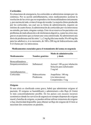 Corticoides
En situaciones de emergencia, los corticoides se administran siempre por vía
sistémica. Por su acción antiinflamatoria, estos medicamentos aceleran la
resolución de las crisis que no responden a los broncodilatadores únicamente
y, por encima de todo, evitan el riesgo de recaída. La mejoría clínica producida
por los corticoides, sea cual sea su forma de administración, requiere un
mínimo de cuatro horas; la administración de corticoides por vía intravenosa
no entraña, por tanto, ninguna ventaja. Esta vía se reserva a los pacientes con
problemas de mala absorción o de intolerancia digestiva, o para las crisis muy
graves en pacientes que ya tienen una vena cateterizada. Se administrará una
dosis de prednisona oral de entre /2 y 2 mg/kg/día (una media 30 a 60 mg/día
para los adultos) o, si es necesario, de 00 a 200 mg de hidrocortisona cada
4 ó  horas por vía intravenosa.

  Medicamentos esenciales para el tratamiento del asma en urgencia

                                           Modo de administración  
Medicamentos              Nombre genérico        y dosis

Broncodilatadores
Simpaticomiméticos        Salbutamol           Aerosol: 00 µg por inhalación
                                               Solución para nebulizador:
                                               5 mg/ml
Antiinflamatorios
Corticoides               Hidrocortisona       Ampolletas: 00 mg
                          Prednisona           (vía intravenosa)
                                               Comprimidos: 5 mg

Oxígeno
Si una crisis es clasificada como grave, habrá que administrar oxígeno al
paciente. El oxígeno se humidificará y administrará a alto flujo (6 l/min)
lo más concentradamente posible. En los países con escasos recursos
económicos donde los servicios de urgencia no siempre disponen de oxígeno
mural y botellas de oxígeno, se pueden utilizar utilizar extractores de oxígeno
si hay electricidad disponible: para obtener un flujo de oxígeno de 6 l/min se
necesitan dos extractores en paralelo.




                                       38
 