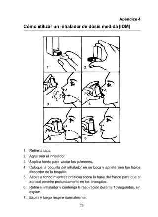 Apéndice 4
Cómo utilizar un inhalador de dosis medida (IDM)




1. Retire la tapa.
2. Agite bien el inhalador.
3. Sople a fondo para vaciar los pulmones.
4. Coloque la boquilla del inhalador en su boca y apriete bien los labios
   alrededor de la boquilla.
5. Aspire a fondo mientras presiona sobre la base del frasco para que el
   aerosol penetre profundamente en los bronquios.
6. Retire el inhalador y contenga la respiración durante 10 segundos, sin
   espirar.
7. Espire y luego respire normalmente.

                                   73
 