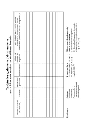 Tarjeta de seguimiento del tratamiento	
                                  (reverso de la tarjeta de tratamiento y tarjetas adicionales si necesario)
	                          	                           	
             	                     	           	           	      Visitas	a	los	               Observaciones	(fallecimiento	y	causa	
    Fecha	de	evaluación	           	      FEM	(%	del	      	      servicios	de	                 transferencia,	cumplimiento,	efectos	
      (día,	mes,	año)          Síntomas    predicho) Medicamentos  urgencias               secundarios,	problemas	sociales,	tabaquismo...)




 	
Definiciones:	             Síntomas	                  Tratamiento	diario	                Visitas	a	los	servicios	de	urgencias	
	                          Asintomática	              B	=	beclometasona	(500,	1000..)	   desde	la	última	consulta		
	                          Intermitentes	             P	=	prednisona		(5,	10,	20...)	    U	=	visita	al	servicio	de	urgencias	
	                          Persistentes	leves	        (p.	ej.	:	B1000,	P5)	              H	=	hospitalización	en	un	servicio	médico		
	                          Persistentes	moderados	    	                                  I	=	hospitalización	en	cuidados	intensivos		 	
	                          Persistentes	graves	       	                                  	 		(p.	ej.	:	U3,	H1)	
 