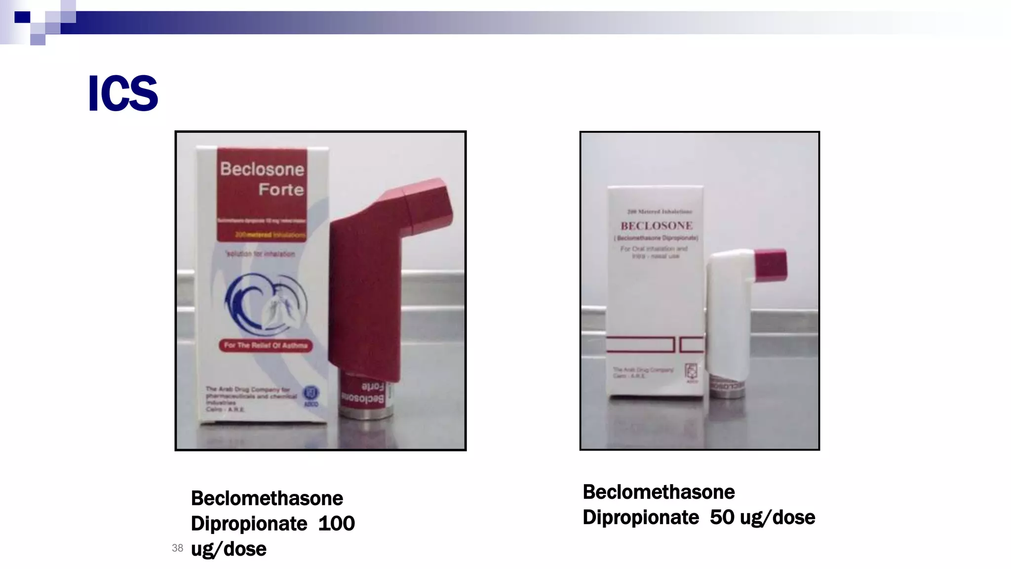 38
Beclomethasone
Dipropionate 100
ug/dose
Beclomethasone
Dipropionate 50 ug/dose
ICS
 