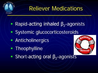 Reliever Medications
 Rapid-acting inhaled β2-agonists
 Systemic glucocorticosteroids
 Anticholinergics
 Theophylline
 Short-acting oral β2-agonists
 