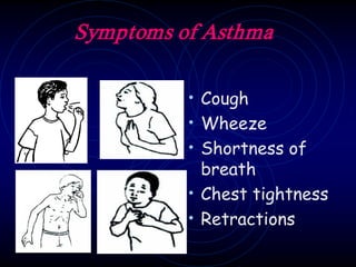 Symptoms of Asthma
• Cough
• Wheeze
• Shortness of
breath
• Chest tightness
• Retractions
 