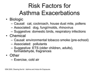 Risk Factors for
Asthma Exacerbations
• Biologic
– Causal: cat, cockroach, house dust mite, pollens
– Associated: dog, fungi/molds, rhinovirus
– Suggestive: domestic birds, respiratory infections
• Chemical
– Causal: environmental tobacco smoke (pre-school)
– Associated: pollutants
– Suggestive: ETS (older children, adults),
formaldehyde, fragrances
• Other
– Exercise, cold air
IOM 2000, Clearing the Air: Asthma and Indoor Air Exposures
 