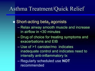 Asthma Treatment/Quick Relief


Short-acting beta2 agonists
– Relax airway smooth muscle and increase
in airflow in <30 minutes
– Drug of choice for treating symptoms and
exacerbations and EIB
– Use of >1 canister/mo indicates
inadequate control and indicates need to
intensify anti-inflammatory tx
– Regularly scheduled use NOT
recommended

 
