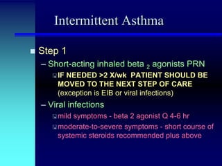 Intermittent Asthma


Step 1
– Short-acting inhaled beta 2 agonists PRN
 IF

NEEDED >2 X/wk PATIENT SHOULD BE
MOVED TO THE NEXT STEP OF CARE
(exception is EIB or viral infections)

– Viral infections
 mild

symptoms - beta 2 agonist Q 4-6 hr
 moderate-to-severe symptoms - short course of
systemic steroids recommended plus above

 