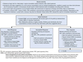 Home management of acute asthma exacerbation. Patients at risk of asthma-related death should receive immediate clinical attention after
initial treatment. Additional therapy may be required. (From NHLBI, National Asthma Education and Prevention Program. Full Report of the
Expert Panel: Guidelines for the Diagnosis and Management of Asthma (EPR-3); July 2007. http://www.nhlbi.nih.gov/guidelines/asthma.)
 