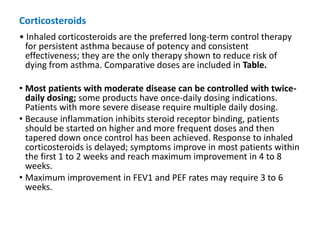 Corticosteroids
• Inhaled corticosteroids are the preferred long-term control therapy
for persistent asthma because of potency and consistent
effectiveness; they are the only therapy shown to reduce risk of
dying from asthma. Comparative doses are included in Table.
• Most patients with moderate disease can be controlled with twice-
daily dosing; some products have once-daily dosing indications.
Patients with more severe disease require multiple daily dosing.
• Because inflammation inhibits steroid receptor binding, patients
should be started on higher and more frequent doses and then
tapered down once control has been achieved. Response to inhaled
corticosteroids is delayed; symptoms improve in most patients within
the first 1 to 2 weeks and reach maximum improvement in 4 to 8
weeks.
• Maximum improvement in FEV1 and PEF rates may require 3 to 6
weeks.
 