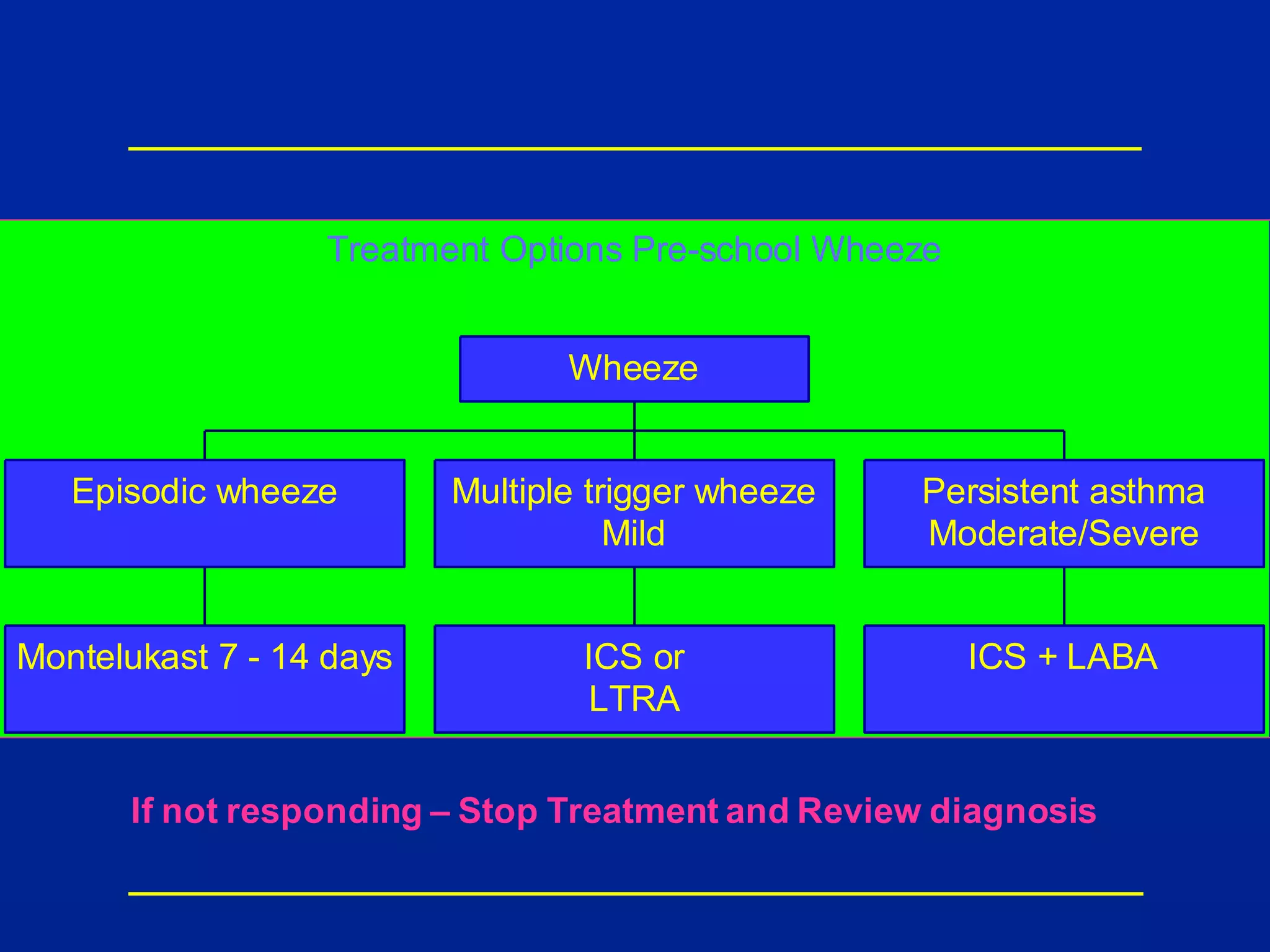 Treatment Options Pre-school Wheeze
Montelukast 7 - 14 days
Episodic wheeze
ICS or
LTRA
Multiple trigger wheeze
Mild
ICS + LABA
Persistent asthma
Moderate/Severe
Wheeze
If not responding – Stop Treatment and Review diagnosis
 