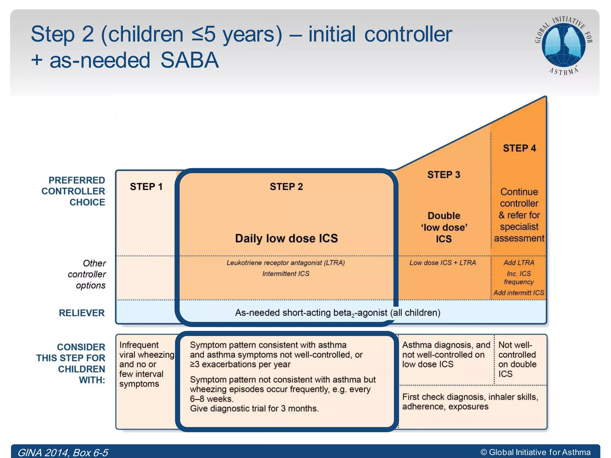 © Global Initiative for Asthma
Step 2 (children ≤5 years) – initial controller
+ as-needed SABA
© Global Initiative for AsthmaGINA 2014, Box 6-5
 