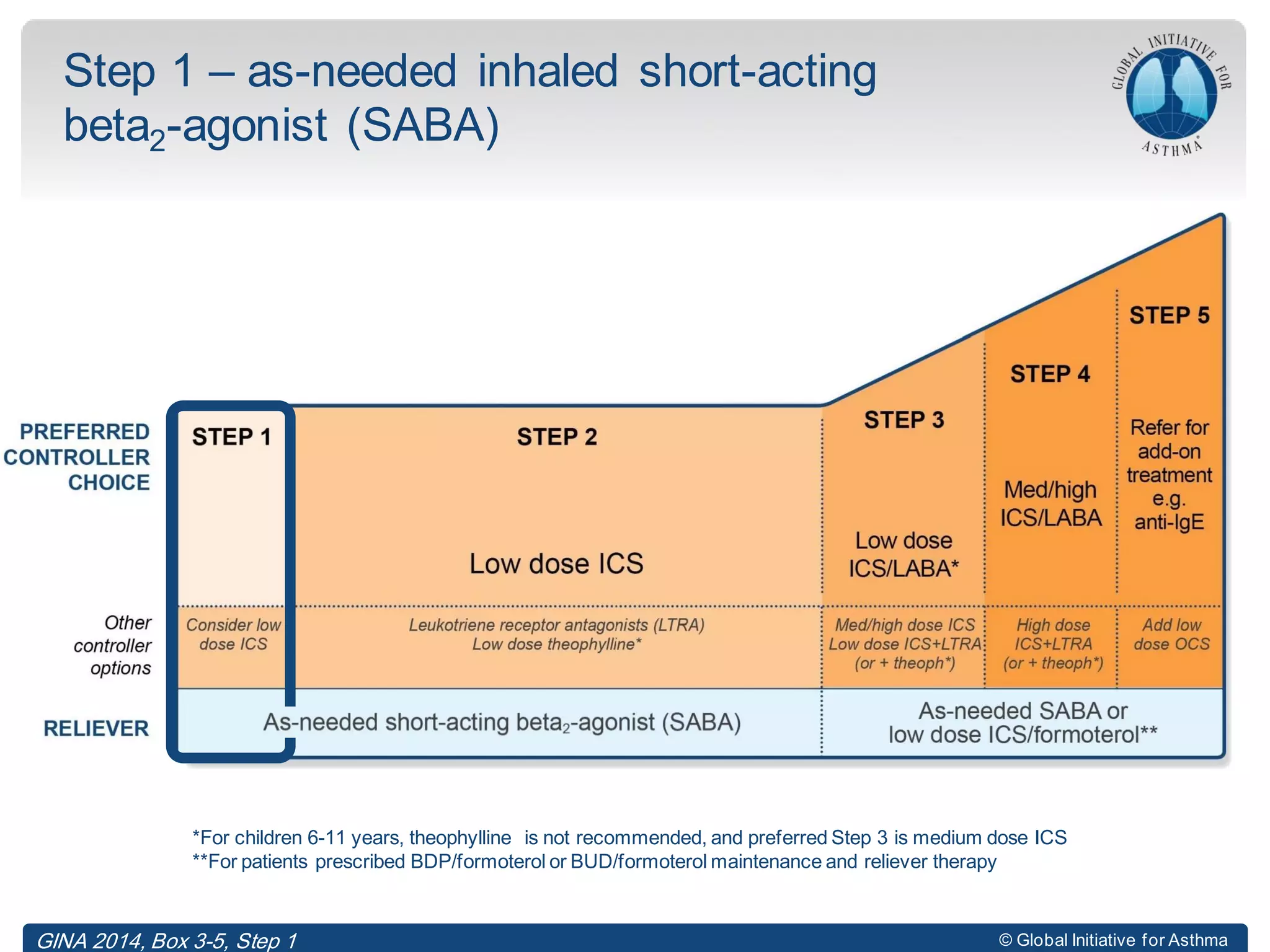 © Global Initiative for Asthma
Step 1 – as-needed inhaled short-acting
beta2-agonist (SABA)
*For children 6-11 years, theophylline is not recommended, and preferred Step 3 is medium dose ICS
**For patients prescribed BDP/formoterol or BUD/formoterol maintenance and reliever therapy
GINA 2014, Box 3-5, Step 1
 