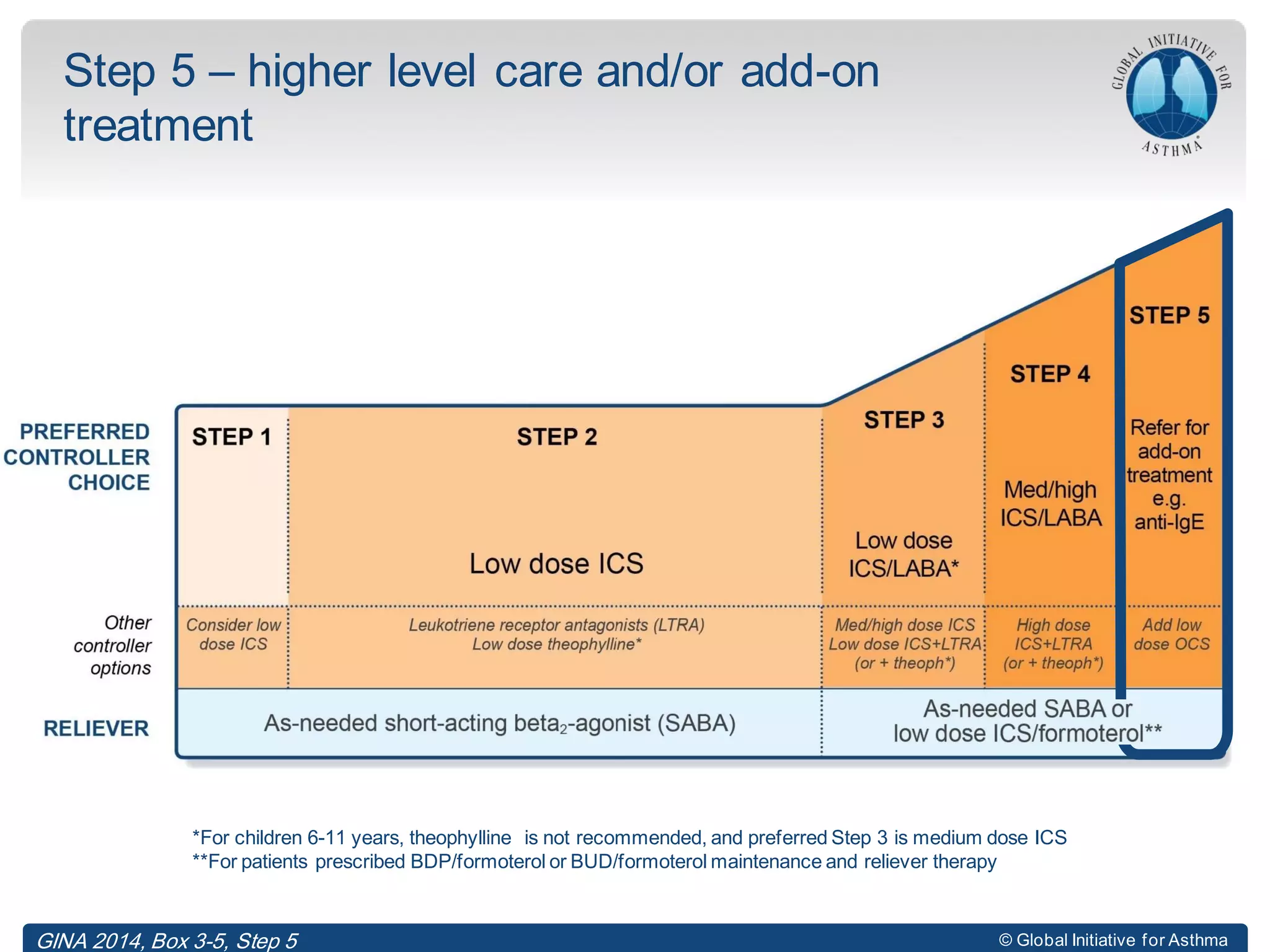 © Global Initiative for Asthma
Step 5 – higher level care and/or add-on
treatment
*For children 6-11 years, theophylline is not recommended, and preferred Step 3 is medium dose ICS
**For patients prescribed BDP/formoterol or BUD/formoterol maintenance and reliever therapy
GINA 2014, Box 3-5, Step 5
 