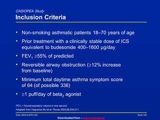 SGA 2003-W-6701-SS
Downloaded from – www.singulair.ae
Slide 103
FEV1 = forced expiratory volume in one second
Adapted from Vaquerizo MJ et al Thorax 2003;58:204-211.
• Non-smoking asthmatic patients 18–70 years of age
• Prior treatment with a clinically stable dose of ICS
equivalent to budesonide 400–1600 µg/day
• FEV1 55% of predicted
• Reversible airway obstruction (12% increase
from baseline)
• Minimum total daytime asthma symptom score
of 64 (of possible 336)
• 1 puff/day of beta2 agonist
CASIOPEA Study
Inclusion Criteria
 