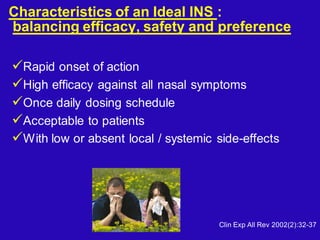 Characteristics of an Ideal INS :
balancing efficacy, safety and preference
Rapid onset of action
High efficacy against all nasal symptoms
Once daily dosing schedule
Acceptable to patients
With low or absent local / systemic side-effects
Clin Exp All Rev 2002(2):32-37
 