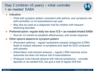 © Global Initiative for Asthma
 Indication
 Child with symptom pattern consistent with asthma, and symptoms not
well-controlled, or ≥3 exacerbations per year
 May also be used as a diagnostic trial for children with frequent
wheezing episodes
 Preferred option: regular daily low dose ICS + as-needed inhaled SABA
 Give for ≥3 months to establish effectiveness, and review response
 Other options depend on symptom pattern
 (Persistent asthma) – regular leukotriene receptor antagonist (LTRA)
leads to modest reduction in symptoms and need for OCS compared
with placebo
 (Intermittent viral-induced wheeze) – regular LTRA improves some
outcomes but does not reduce risk of exacerbations
 (Frequent viral-induced wheeze with interval symptoms) – consider
episodic or as-needed ICS, but give a trial of regular ICS first
Step 2 (children ≤5 years) – initial controller
+ as-needed SABA
GINA 2014
 