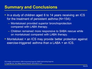 Slide 58
Summary and Conclusions
• In a study of children aged 6 to 14 years receiving an ICS
for the treatment of persistent asthma (N=154):
– Montelukast provided superior bronchoprotection
compared with LABA therapy.
– Children remained more responsive to SABA rescue while
on montelukast compared with LABA therapy.
• Montelukast + an ICS may provide better protection against
exercise-triggered asthma than a LABA + an ICS.
ICS=inhaled corticosteroid; LABA=long-acting β-agonist; SABA=short-acting β-agonist.
1. Fogel RB et al. Ann Allergy Asthma Immunol. 2010;104:511–517.
Slide 58
 