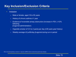 Key Inclusion/Exclusion Criteria
• Inclusion
– Male or female, aged 18 to 55 years
– History of chronic asthma ≥1 year
– Evidence of reversible airway obstruction (increase in FEV1 ≥12%
following
β-agonist administration)
– Cigarette smoker of 0.5 to 2 packs per day (≤30 pack-year history)
– Weekly average ≥2 puffs/day β-agonist during run-in period
Slide 72
FEV1=forced expiratory volume in 1 second; COPD=chronic obstructive pulmonary disease.
 